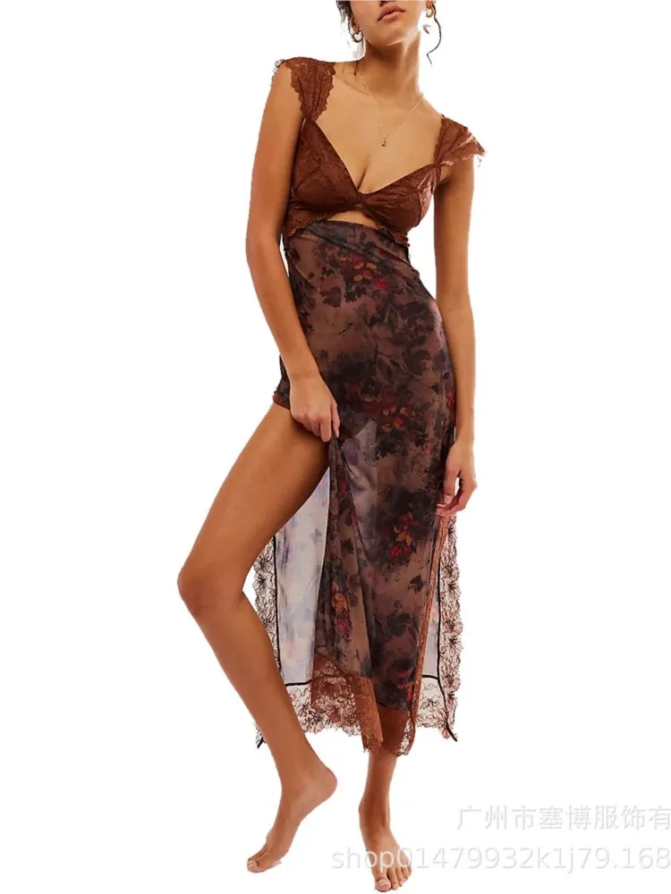 Sexy Lace Patchwork Slim Dresses Women Summer New Print Low Cut V-neck Hollow Out Tight Slit Dress Fashion Hot Style Vestidos