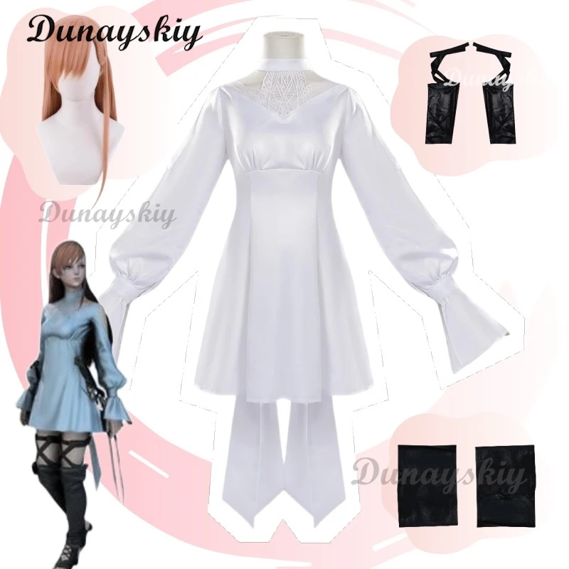 Gioco Anime FF14 Ryne Lolita Minfilia Costume Cosplay Bianco Carino Abito in pizzo Parrucca Capelli lunghi lisci Festa di Natale personalizzata