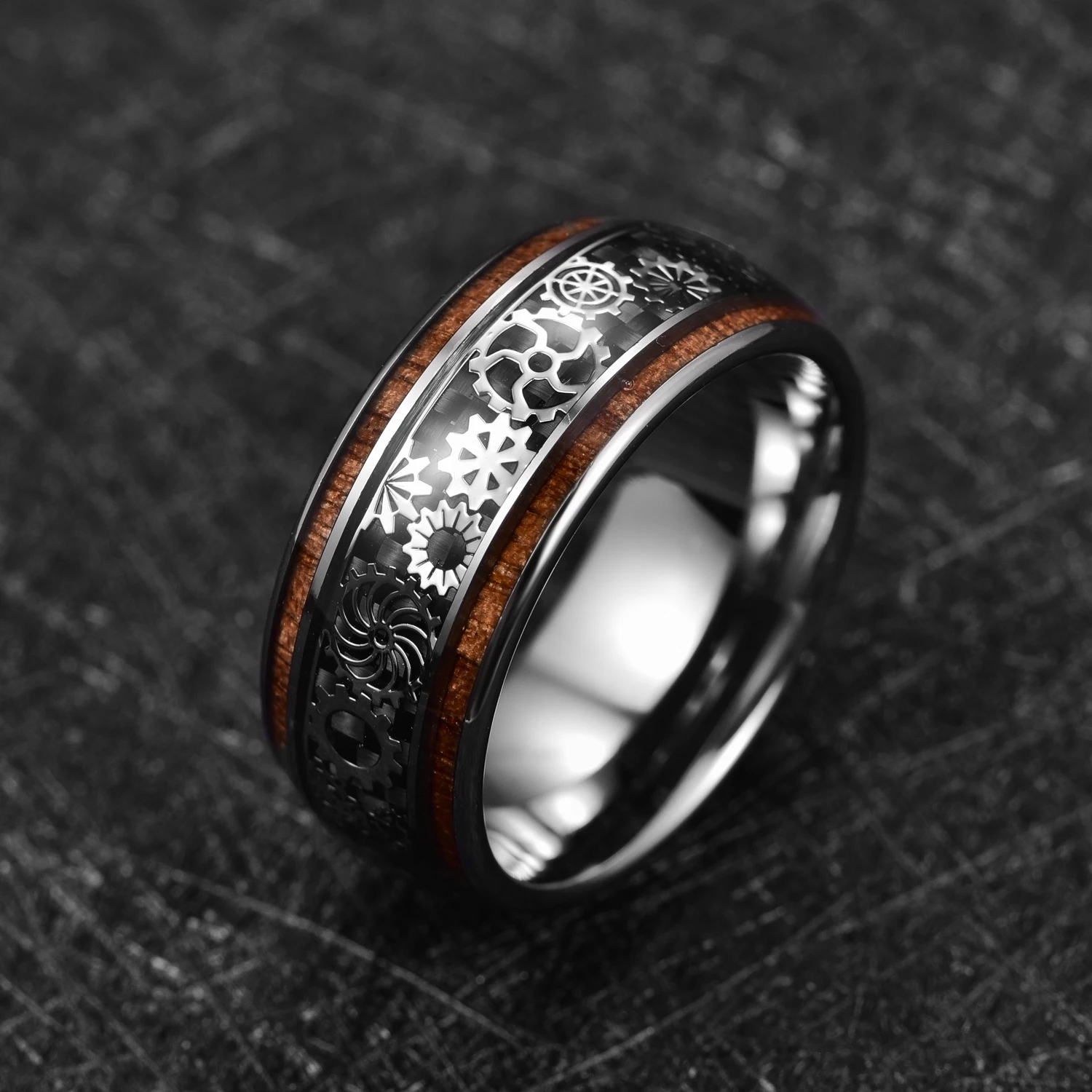 NUNCAD 10mm Tungsten Carbide Ring Steel Dome Inlaid Wood Grain Gear Pattern Men's Fashion Wedding Jewelry Best Gift