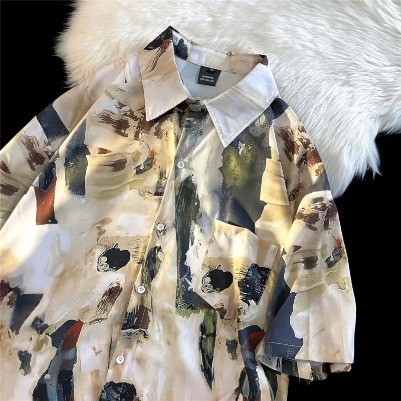 2024 Abstract oil painting full print short sleeved floral shirt loose vintage men and women\'s summer thin style trend camisa