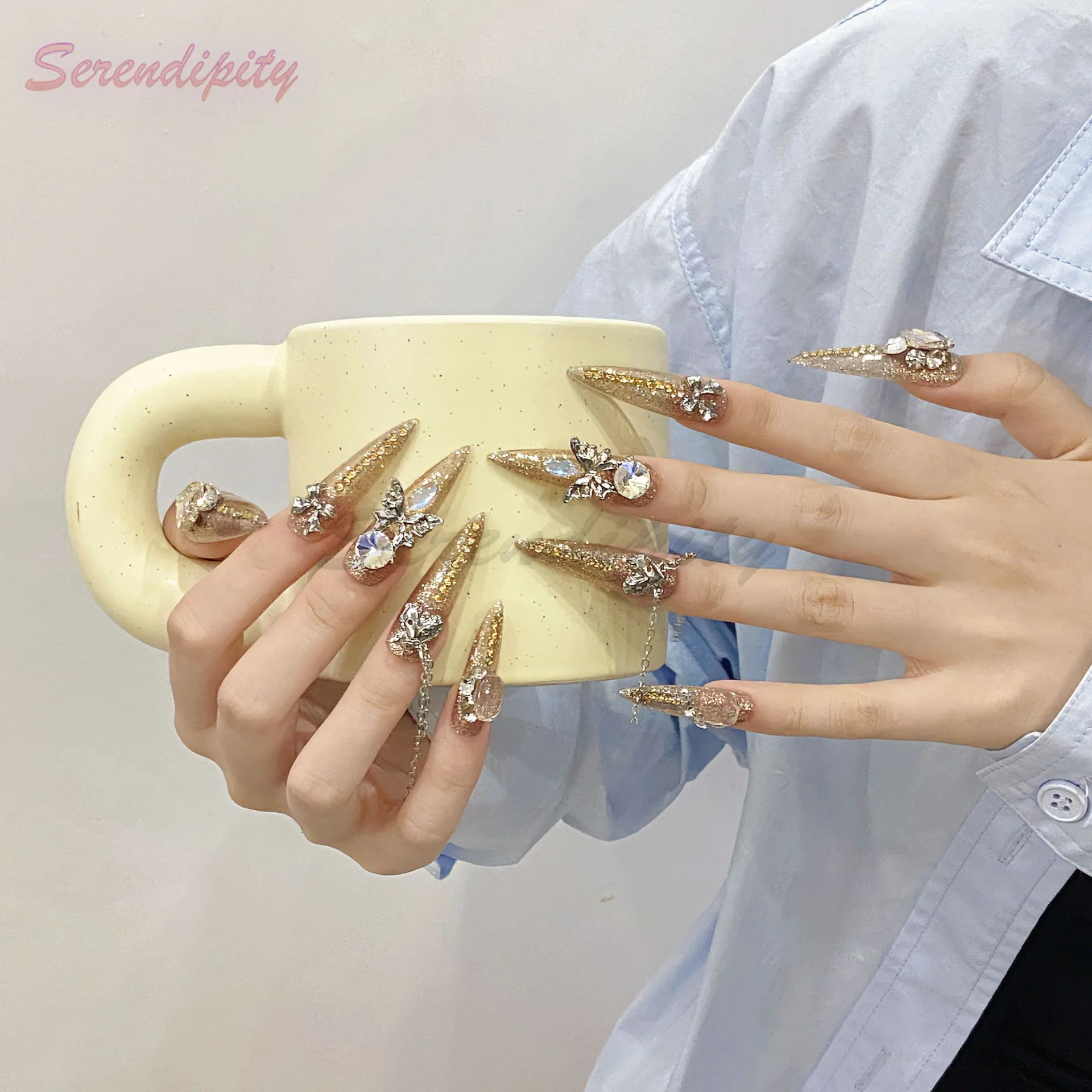 Luxurious Handmade Solid Color Long Almond Gold Yellow Shiny Sheet Shiny Rhinestone Acrylic Press On Nail Y2K Reusable Fake Nail