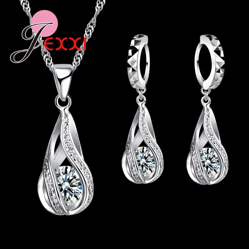 Big Promotion Genuine 925 Sterling Silver Water Drop Cubic Zirconia Pendant Women Wedding Necklace Earrings Sets Romantic Style