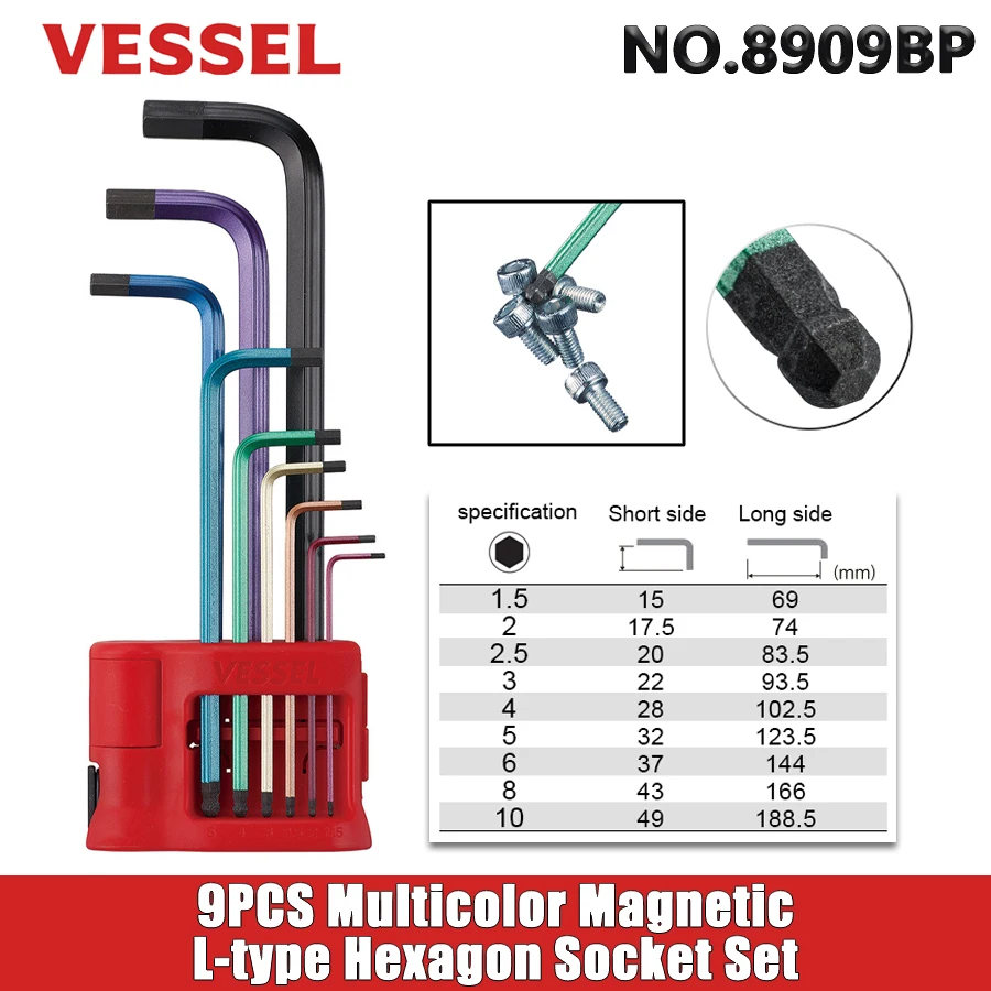 VESSEL 8909BP 9PCS Multicolor Magnetic L-type Hexagon Socket Set Portable Durable Wrench Set Hand Tool Accessories