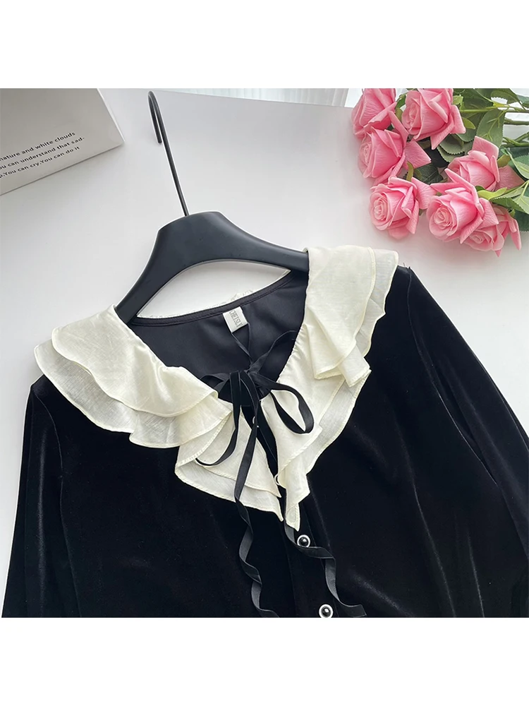 French Elegance Original Design Blouses Women Crop Top Ruffled Office Lady Sweet Bow Exquisite Shirts Streetwear Autumn Winter