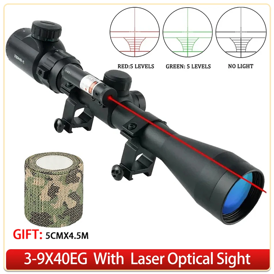 

3-9x40EG Tactical Scopes with Laser Hunting RifleScope Green Red Illuminated Optical Airsoft Sight Outdoor Shooting Scope