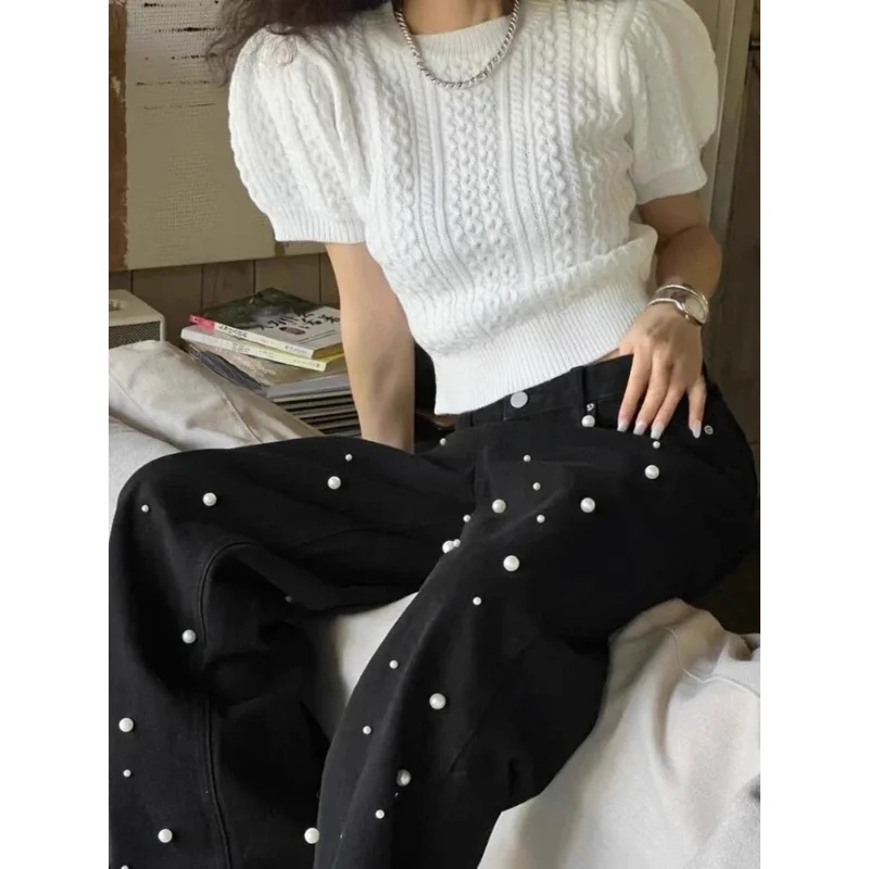 Korean Fashion Jeans for Women 2024Spring New Heavy Industry Beads Retro Washed High Waisted Jeans Wide Leg Mopping Pants Women