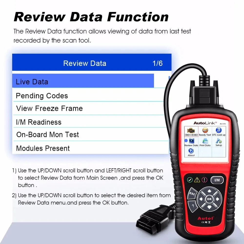 Autel AutoLink AL519 Vehicle OBDII/EOBD Code Reader One-Click I/M Readiness Key, Turns off Check Engine Light