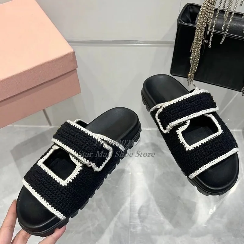 

One Strap Black and White Color Matching Double Row Weave Slippers Round Toe Peep Toe Slingback Casual Shoes Concise Women Shoes