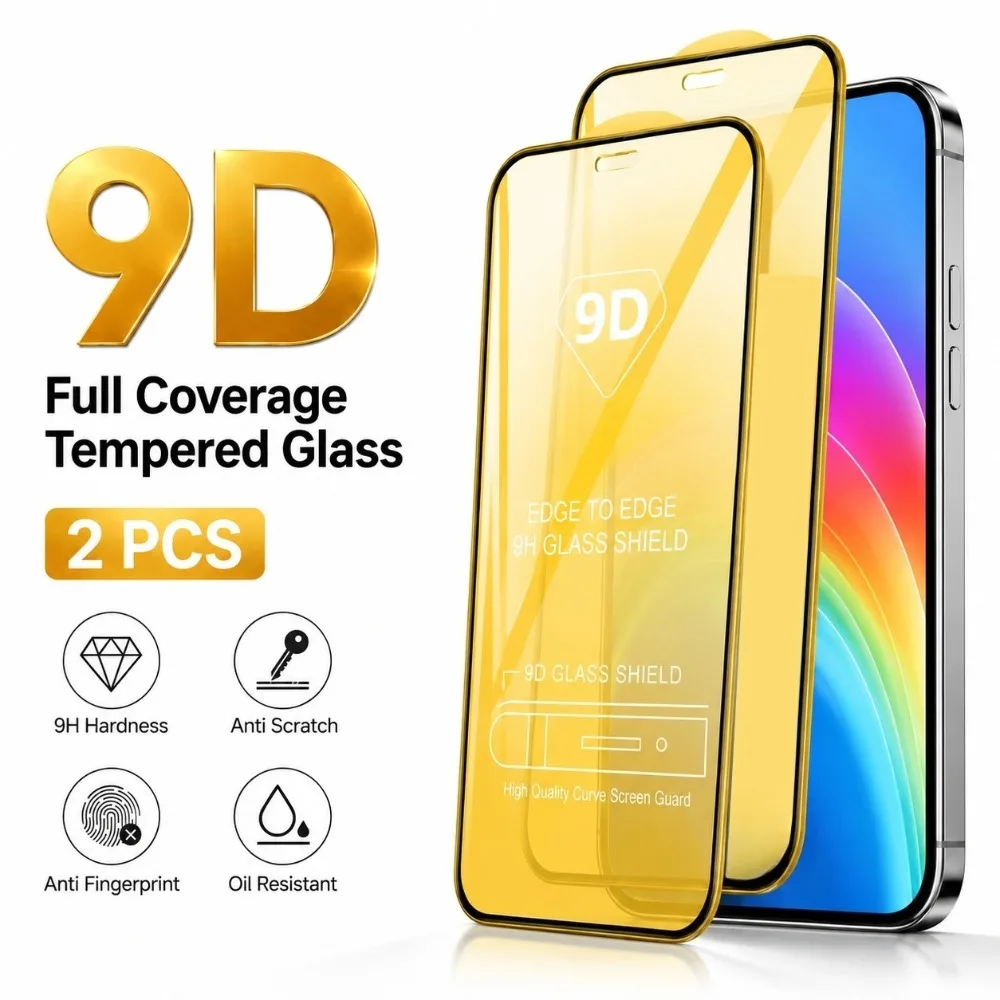 

2Pcs 9D Full Cover Tempered Glass for iPhone 17/16/15/14/Pro Max/Air/17e/16e/Screen Protector for iPhone 13/12/11/Pro/15/14/Plus