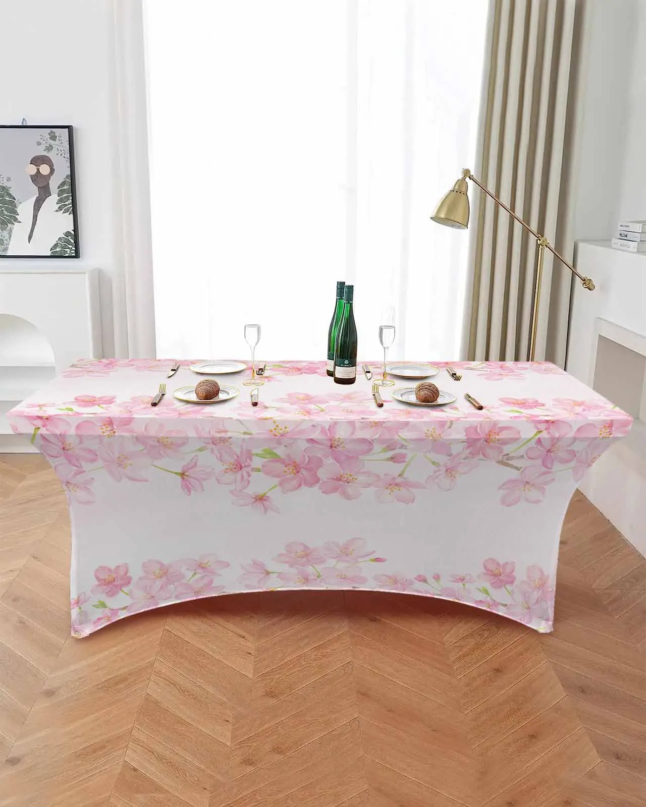 Watercolor Cherry Blossom Rectangular Elastic Table Skirt Wedding Hotel Table Cover Holiday Dining Table Tablecloth