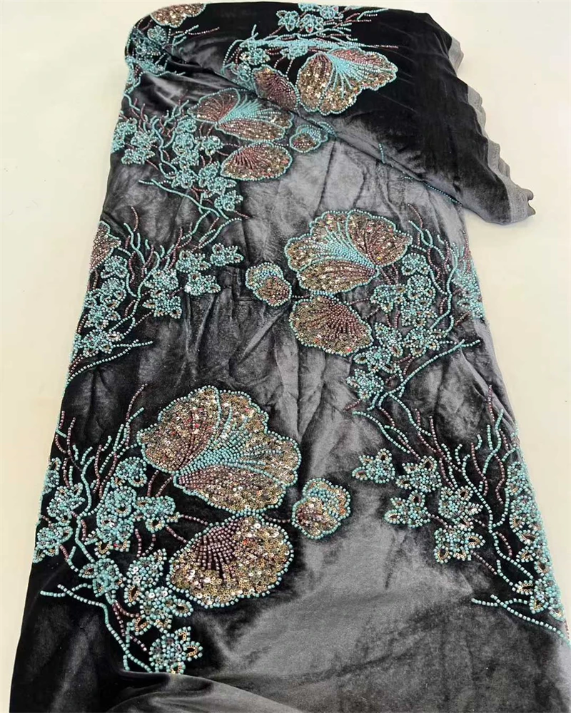 Luxury African Beaded Pearl Velvet Lace Fabric High-Quality Nigerian Sequins for Party Dress Sewing