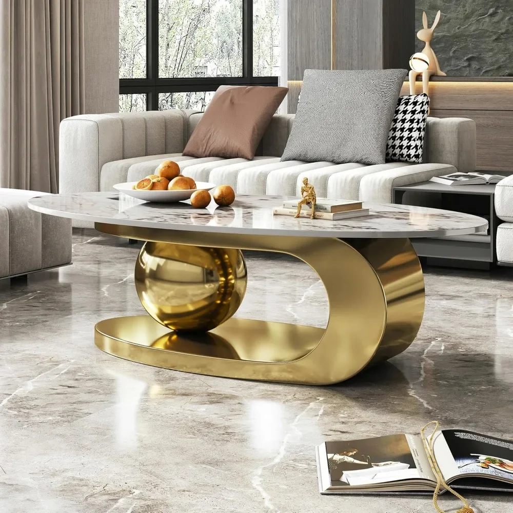 Modern Oval Stone Coffee Table with Sturdy Dark Golden Metal Base, Café Tables