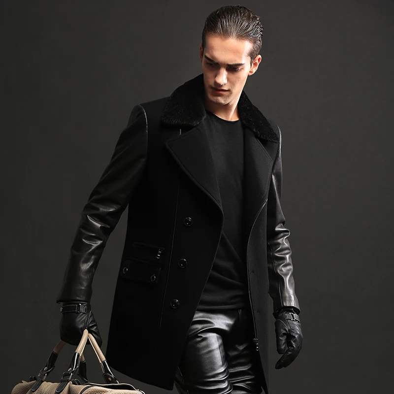 Mid-length Wool Jacket Men Clothing Busines Casual Genuine Leather Man Jackets Autumn Winter Warm Wool Coat Fashion Windbreak