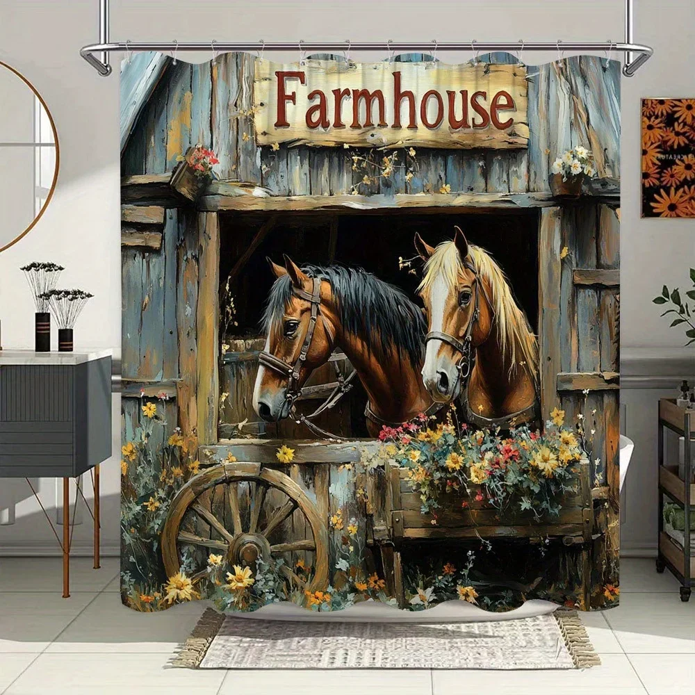 

Занавеска для душа в деревенском фермерском доме, лошади, сарая — реалистичное цифровое искусство, коричневые лошади, белые человек и красные цветы, деревенская тема
