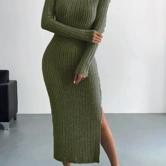 2024 autumn and winter new long sleeved round neck slit knitted long style fashionable and casual dress for women