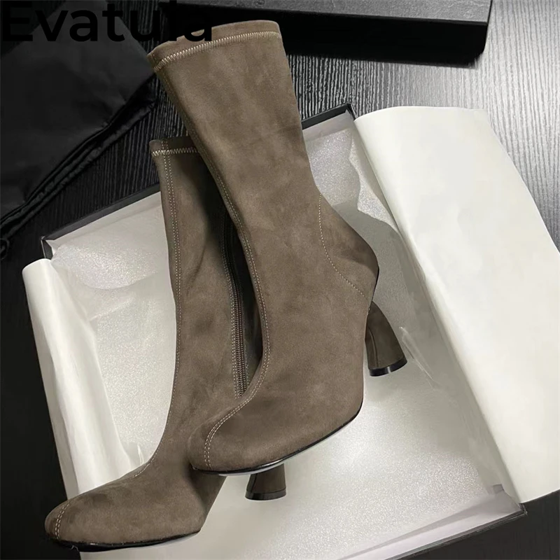 2024 Autumn Strange High Heels Mid-Calf Boots For Women Real Leather Side Zipper Short Boots Fashion Slim Elastic Boots Female