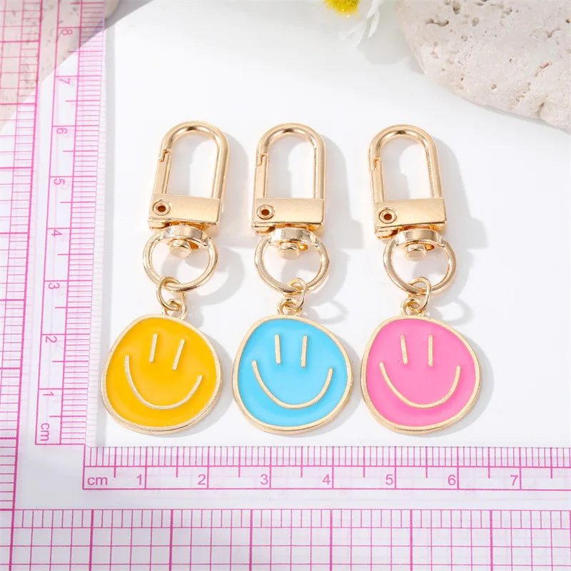 Cute Smile Face Keychain Yellow Pink Blue Black Enamel Metal Key Ring Bag Accessories For Women