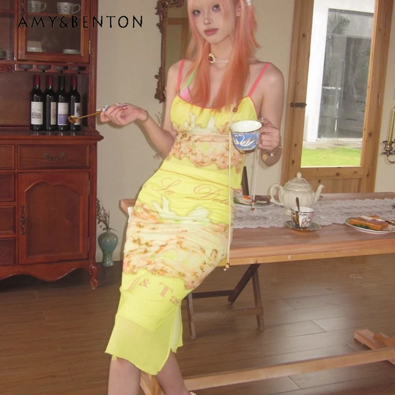 

2025 Summer New Yellow Inner Bottom Women's Vest Sling Retro Design Seaside Holiday Style Sexy Sweet Thin Long Skirt Suit Ladies