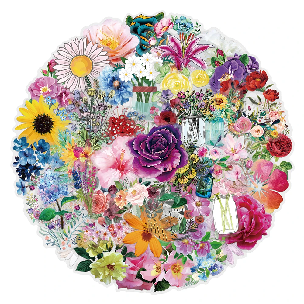 

10/30/60pcs Cartoon Colorful Flowers Stickers Transparent Waterproof Sticker DIY Luggage Notebook Phone Aesthetic Decals Decor