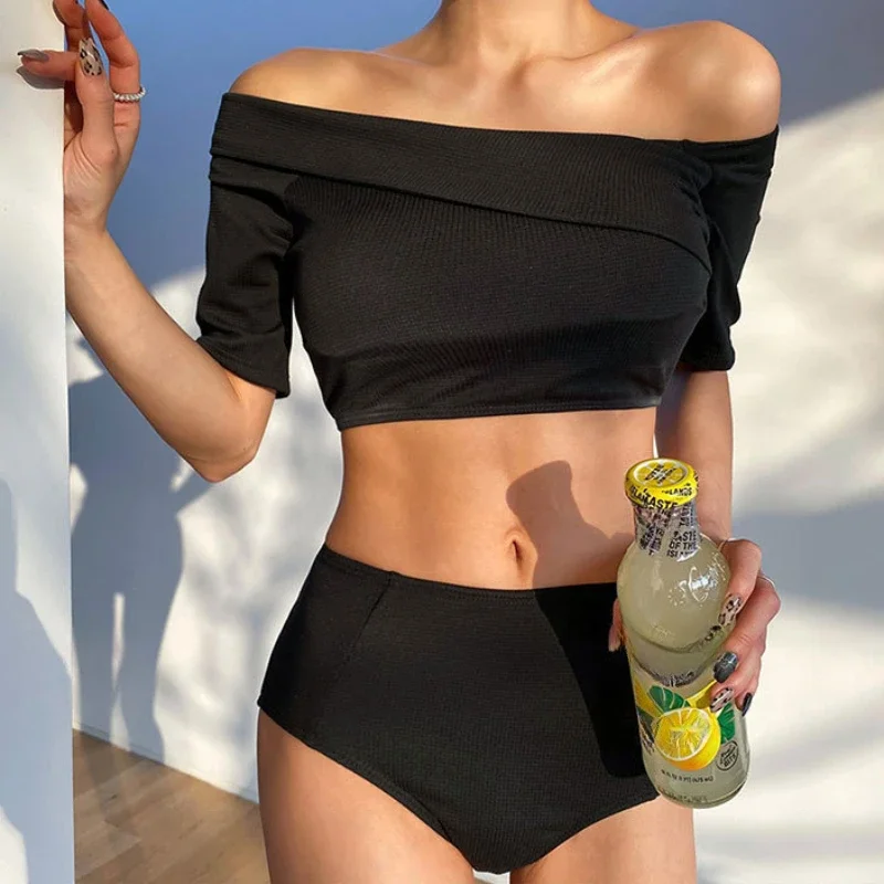 

Summer Sexy Bikini Set Women Off Shoulder Swimwear Short Sleeve Two Pieces Swimsuit Tankini Beach Bathing Suit Conservative Slim