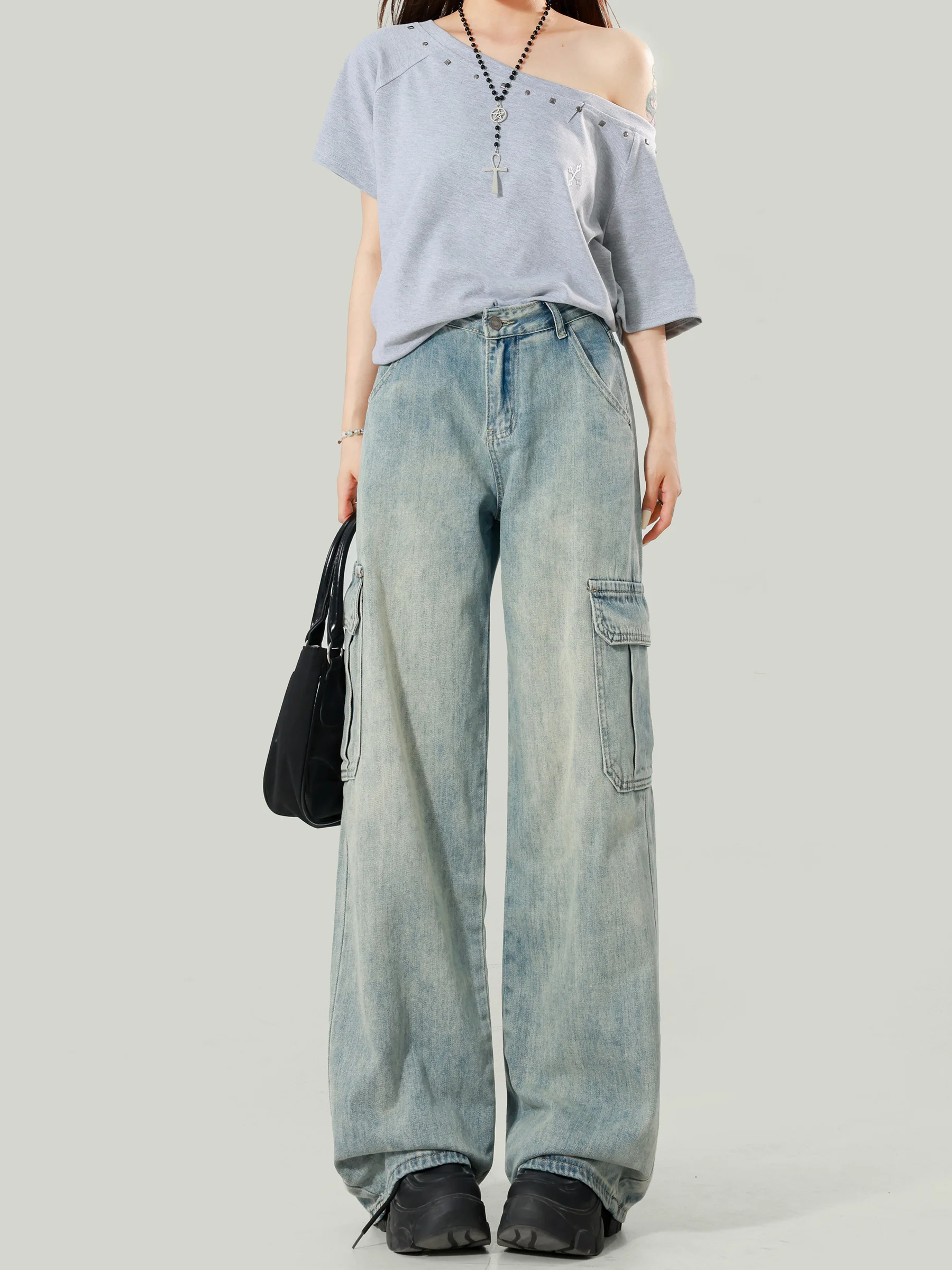 High Waist Loose Fit Casual Denim Pants Women's Light Blue Workwear Summer New Design Sensation Small Audience Wide Leg Floor...