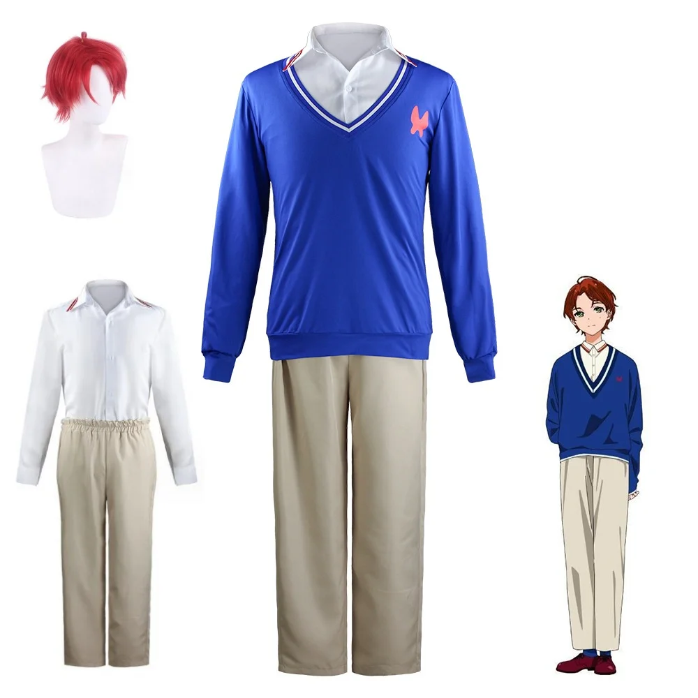 

Anime Wonder Egg Priority Momoe Sawaki Cosplay Costume Wig Spring Autumn Men Uniform Suit Knit Shirt Pants Halloween Clothes