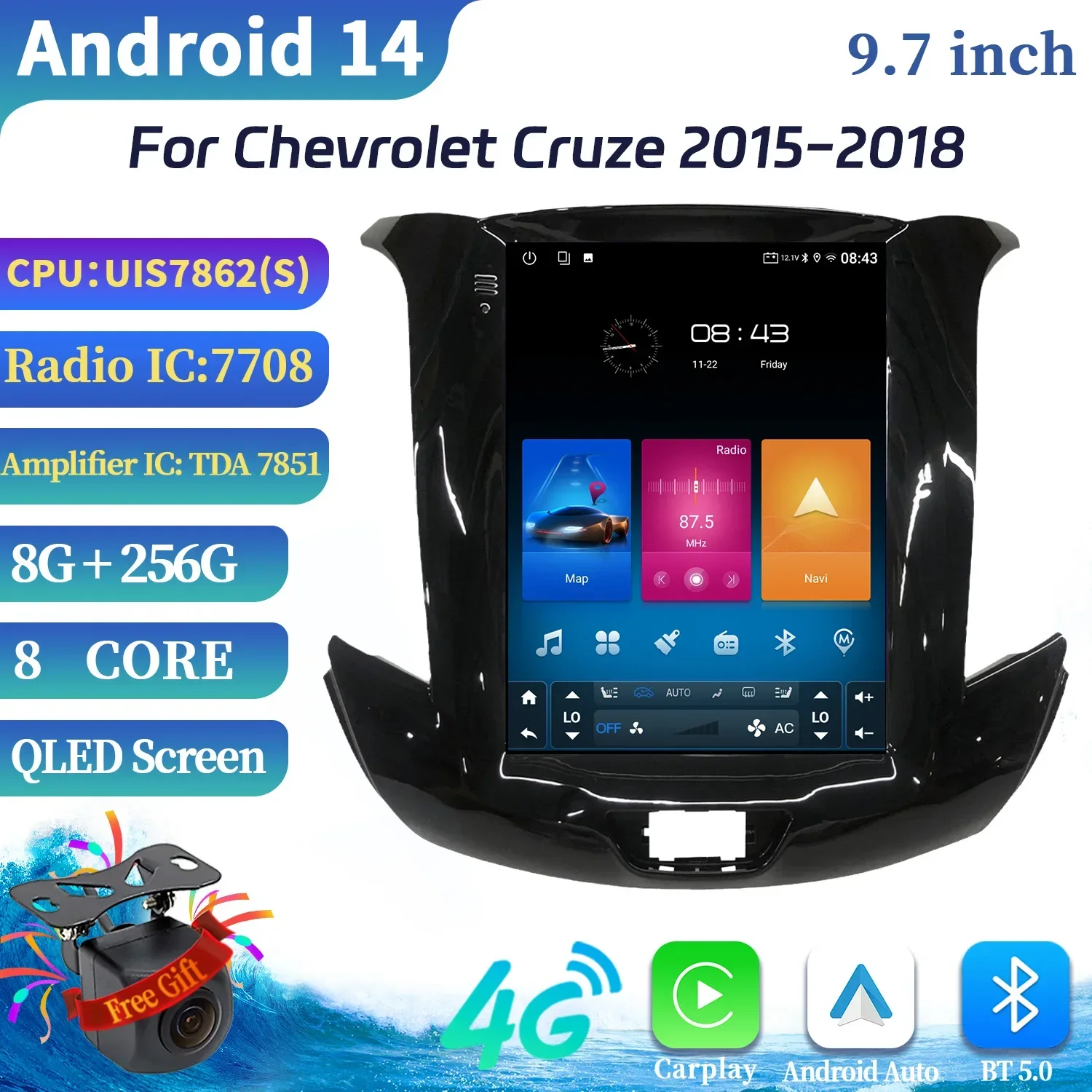 9.7 "Android รถสเตอริโอวิทยุเครื่องเล่นวิดีโอมัลติมีเดียสําหรับ Chevrolet Cruze 2015-2018 นําทาง Apple CarPlay ยานยนต์หน้าจอ