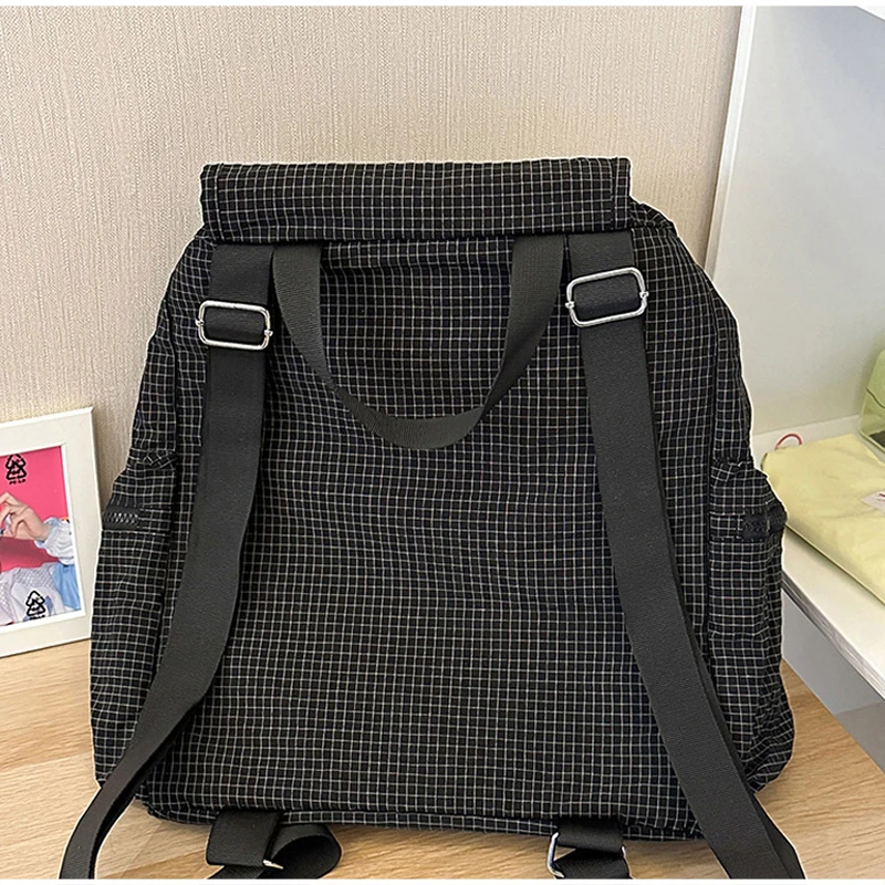 Modischer Rucksack, koreanischer Karo-Rucksack mit Kordelzug für Studenten, Unisex-Schultasche, leichter Damenrucksack mit großer Kapazität – Detail 2