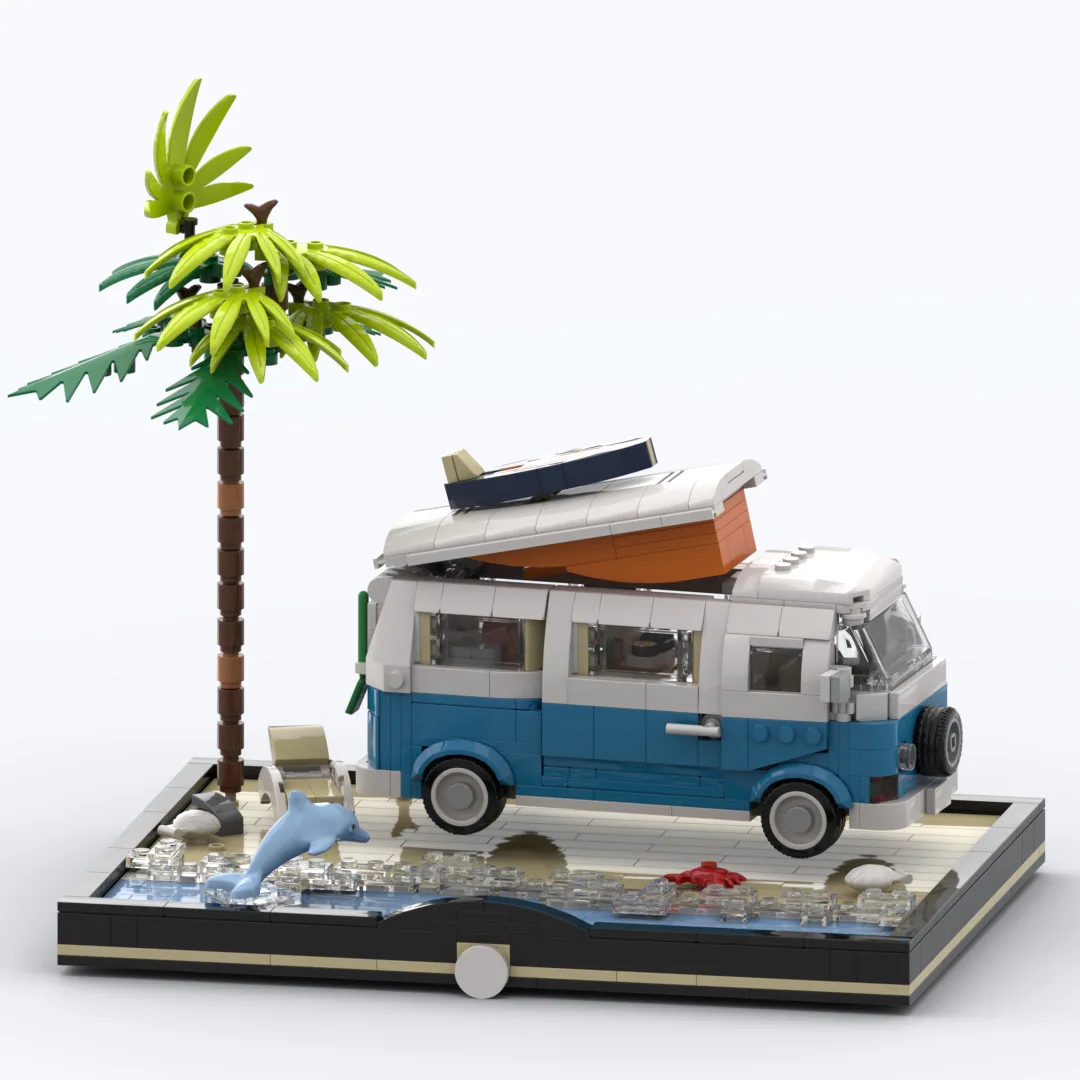 MOC شاطئ شاحنة التخييم اللبنات عدة الرجعية موتور المنزل عطلة الترفيه t2 التخييم RV مجموعات نموذج الطوب لعب الاطفال هدية عيد #6