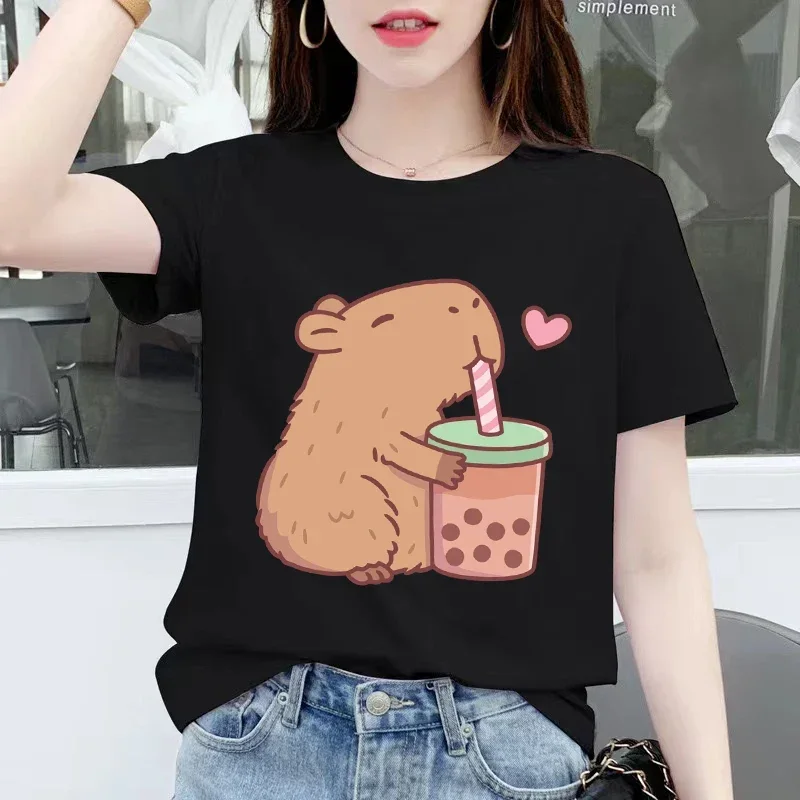 New Capybara T Shirt Woman Capybara Drinks Boba Kawaii T-shirt Top Women Y2k Fashion Cartoon Short Sleeve Tee Summer Tops