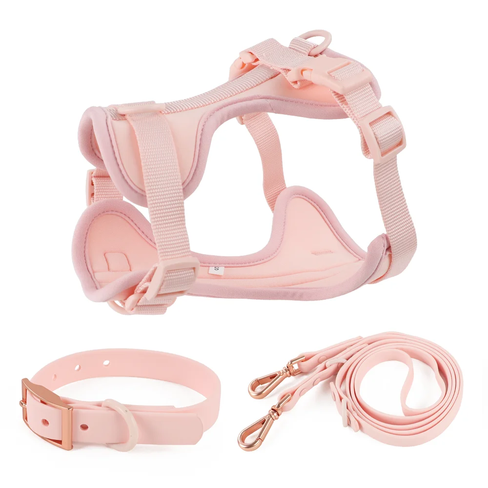 Laisse double en PVC rose clair pour chien, confortable, sangle de poitrine réglable SFP, ensemble de 3 pièces, colliers et laisses