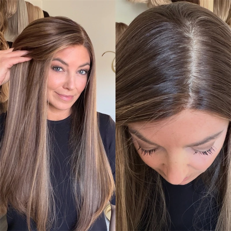 Ombre Brown Blonde Highlights Synthetic Lace Front Wig Preplucked Hairline Swiss HD Lace Glueless Wig 26 Inch  Long Straight Wig