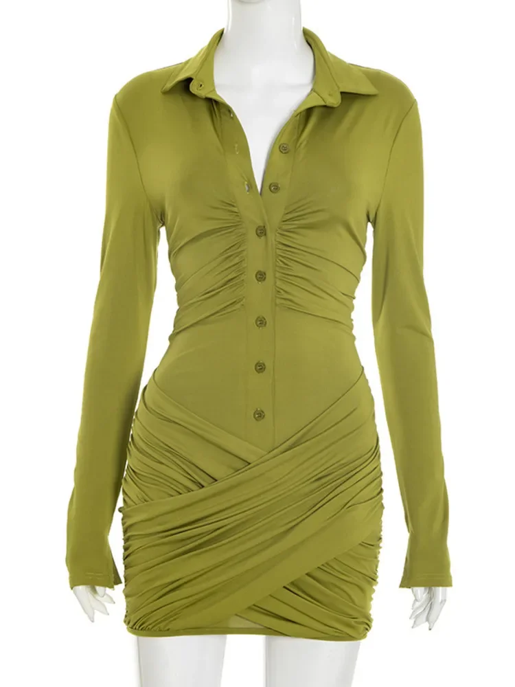 XIAOTANG – Mini robe froncée à manches longues pour femme, Sexy, mode automne-hiver, revers, simple boutonnage, taille haute, moulante, robes de Club