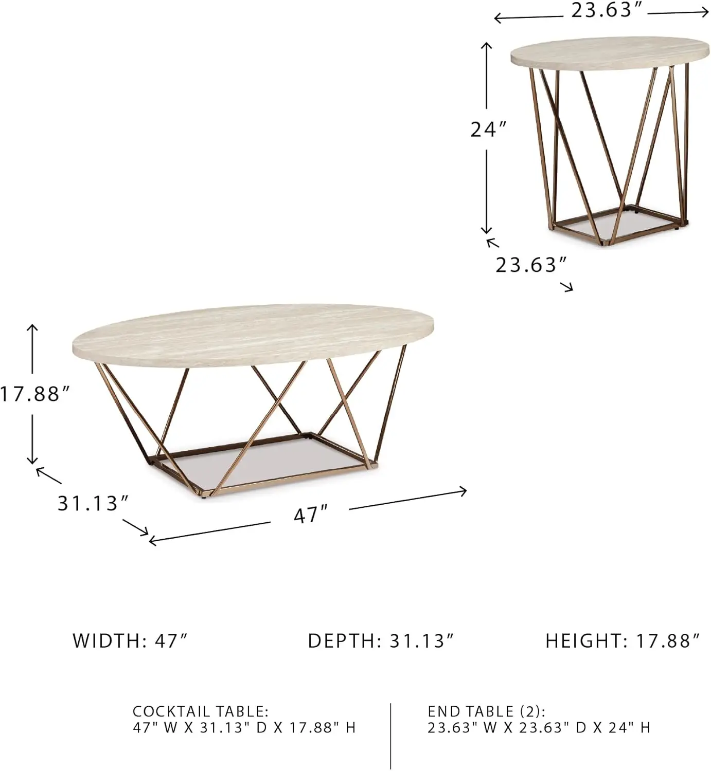 طقم طاولة قهوة حديثة مكونة من 3 قطع باللونين الأبيض والذهبي مع أسطح رخامية صناعية، تتضمن طاولات مركزية ونهاية #3