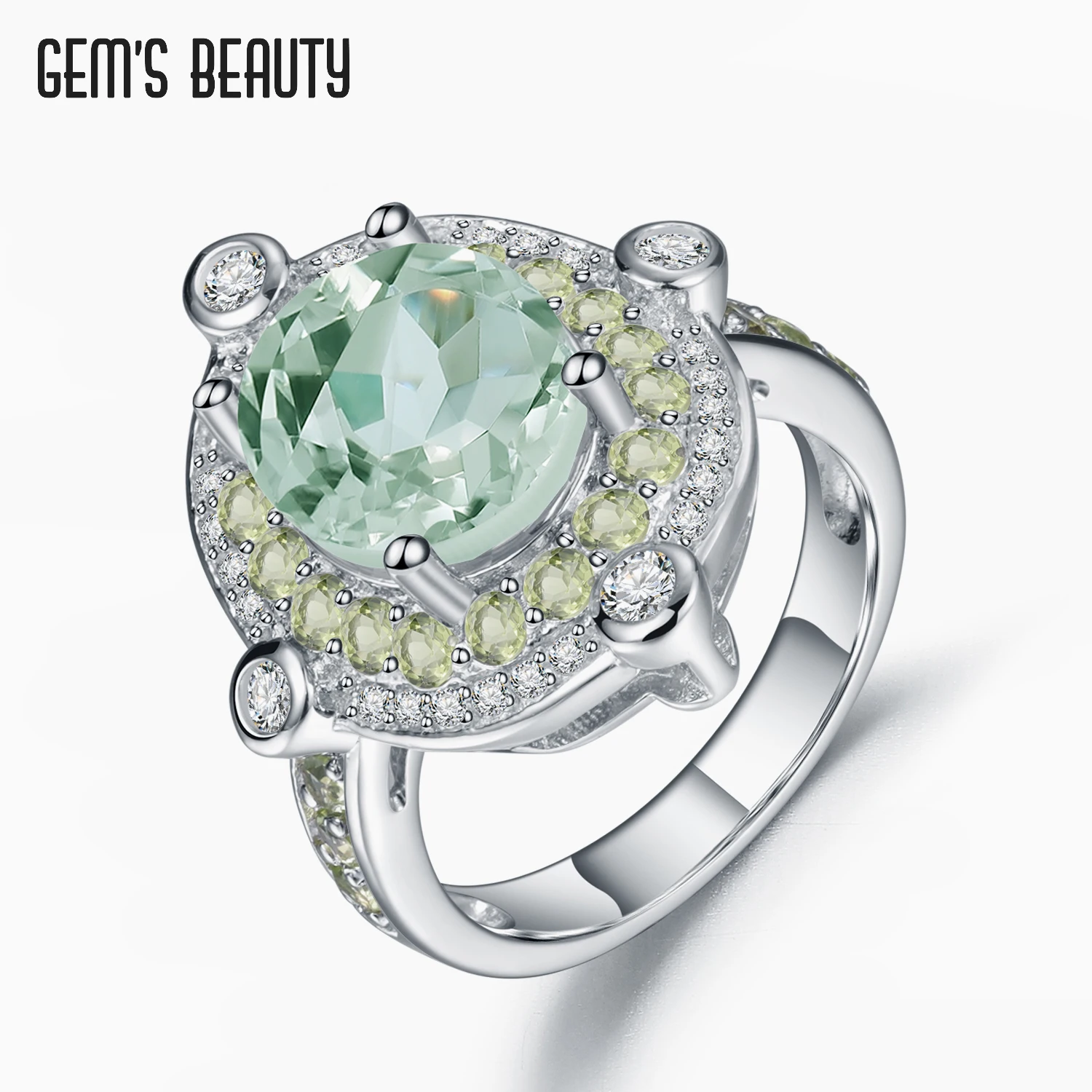 

Gem's Beauty 925 Silver Natural Green Amethyst Wedding Band Zircon Four Columns 925 Sterling Silver Luxury For Women Rings