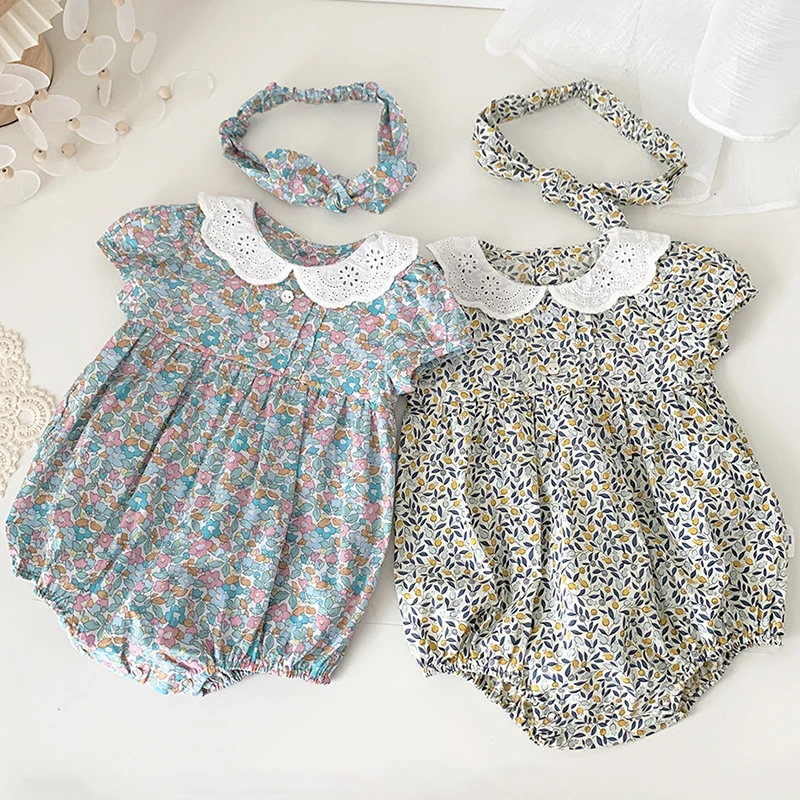 

Infant Baby Girls Short Sleeve Jumpsuit Hairband Summer Newborn Baby Girls Floral Clothes Rompers Kids Baby Girls Rompers Cotton