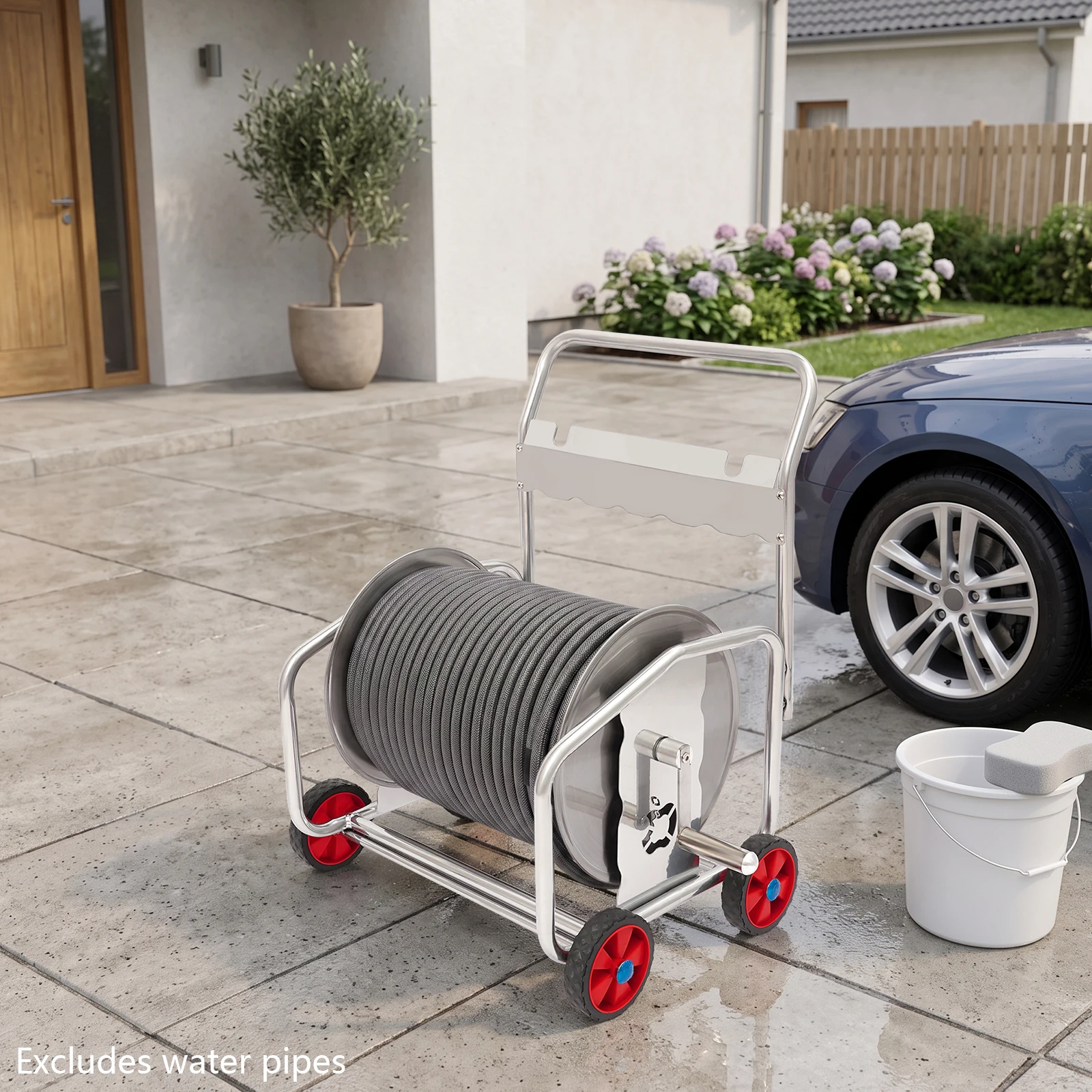Garden Hose Storage Rack 328FT Capacity, Hose Reel Cart with Wheels, Portable Hand-Crank Water Hose Holder