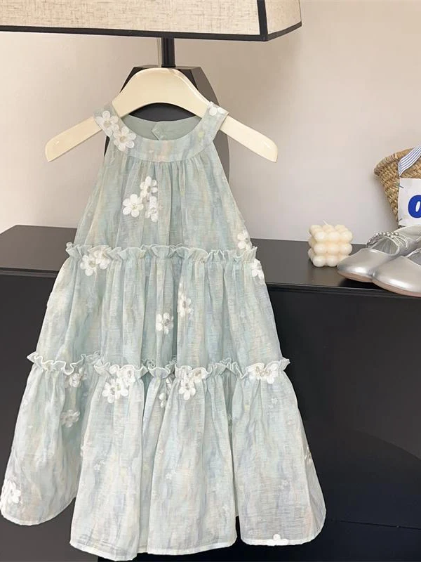 女の子用プリンセスドレス-夏の新作-おとぎ話風ロングガウン-ハンギングネックストラップ-子供ドレス-フレッシュスタイル-無地-aラインスカート