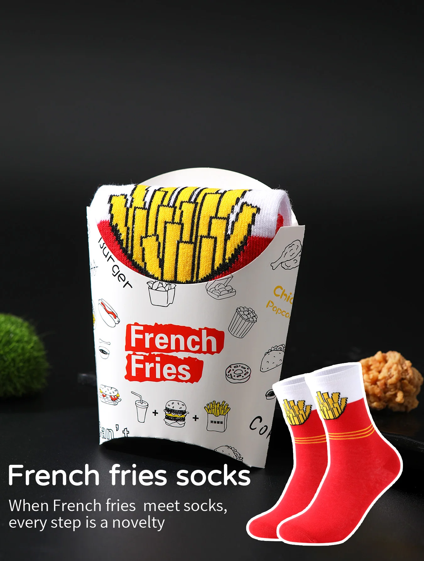 

1 Pair of Mid-Calf Men's Socks, Novelty and Interesting Red French Fries Pattern Gift Box Socks, European and American Fashion Trendy Style, Comfortable and Breathable, Suitable for Mom and Lover Party Casual Novelty Gifts, Valentine's Day, Christmas, San