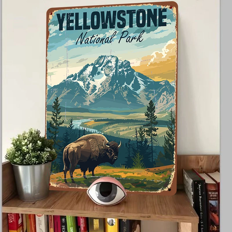 Yellowstone National Park Vintage Metal Sign Bison Mountain Landscape Wall Art Decor for Home Office