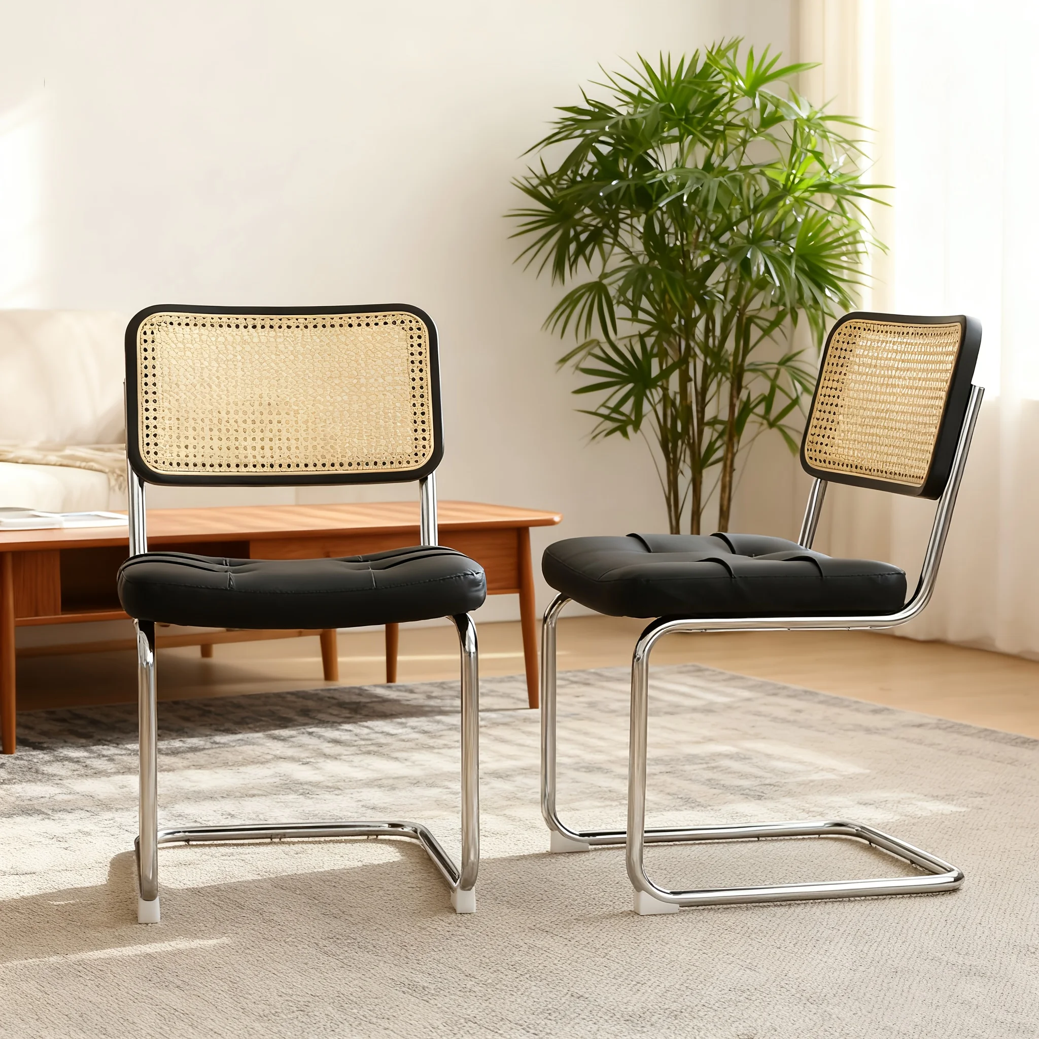 Modern Medieval-Style Brewer Dining Chair Set (Set of 2 OR 1)) — Faux Leather Wicker Seat with Chrome-plated Legs; The Frame