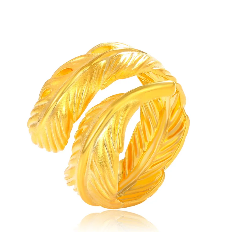 

24k Pure Gold Color Adjustable Feather Rings for Women fashion 999 Finger Rings Wedding Birthday Party Fine Jewelry Gifts