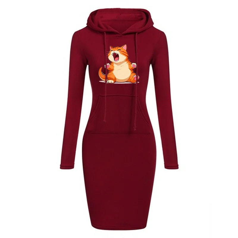 Cartoon brullende dinosaurus vet oranje kat print damesmode sweatshirtjurk zak met capuchon casual jurk mini-jurk