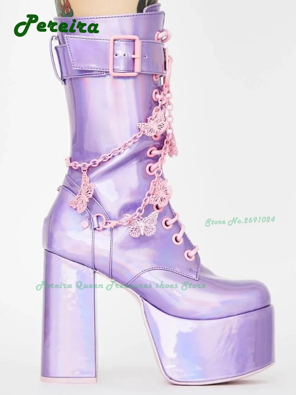 Holographic Platform Boots Buckled Ankle Straps with Layered Chains Butterfly Charms Adjustable Lace Up Round Toe Chunky Heels