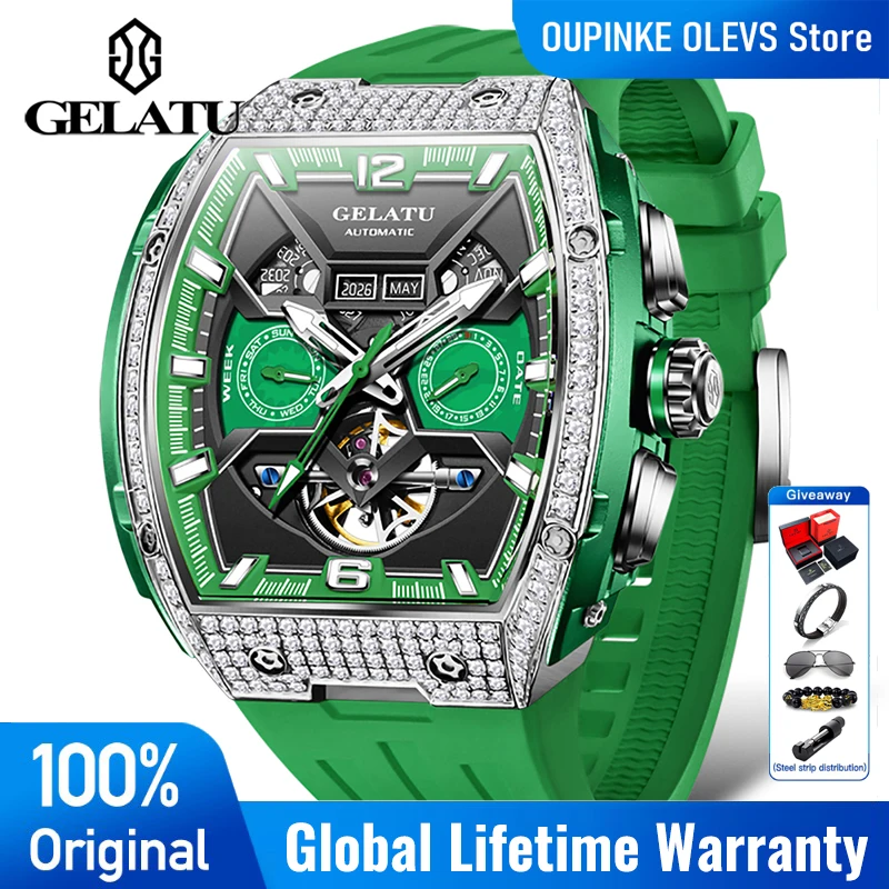 GELATU Mens Watch  Sapphire Flywheel Mechanical Watch﻿ Silicone Strap Waterproof Watch For Man High Quality Luxury Brand