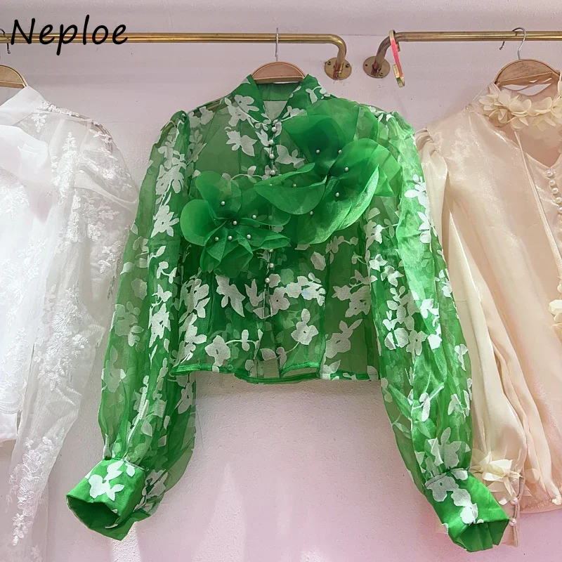 Neploe 2024 Spring Chinese Stand Neck Blouses Femme Sweet Bead Three Dimensional Flower Long Sleeve Mesh Perspective Shirt