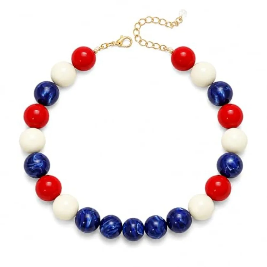 Red White Blue Necklace for Women Chunky Beaded Necklace Patriotic Statement Collar Large Colorful Round Bead Choker Trendy Sum