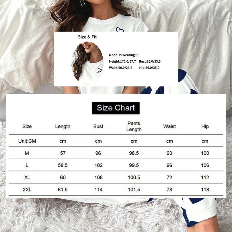 Heart & Letter Printed Womens Pajama Pj Set Soft Short Sleeve Tops & Elastic Waist Pants Pyjama Pijama Femme Casual Home Clothes