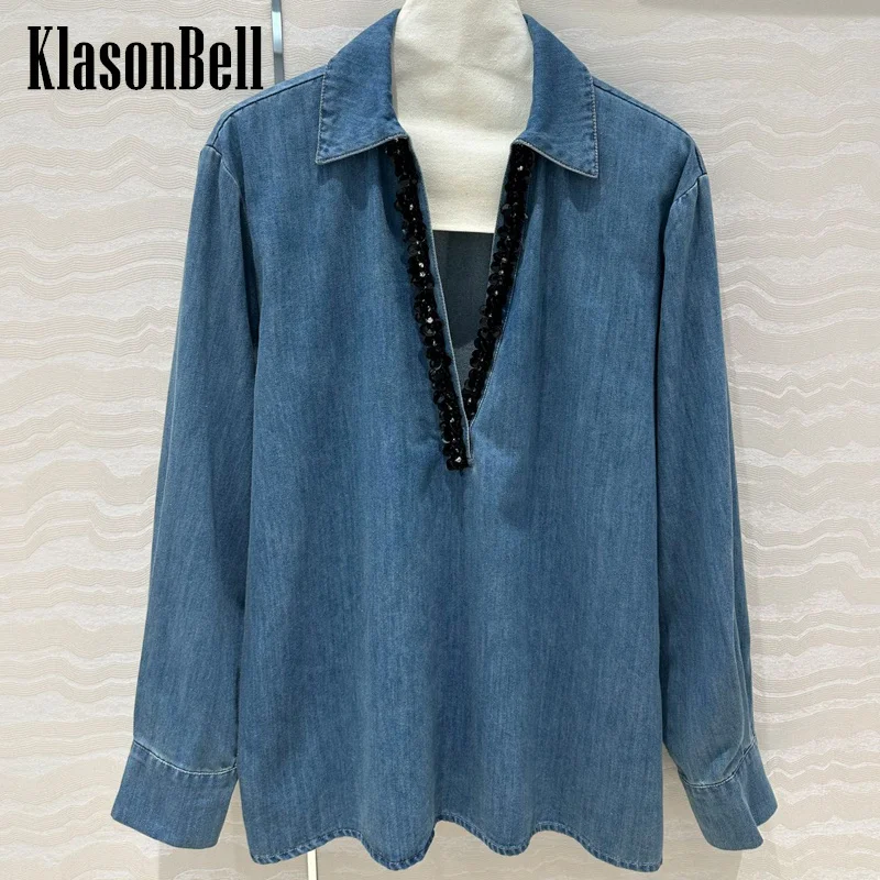 

7.9 KlasonBell Women's Hand Beading Sequins V-Neck Holiday Vintage Denim Shirt Temperament Loose Washed Blue Cotton Blouse