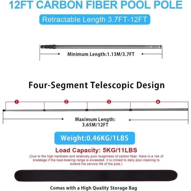 Premium Telescoping Swimming Pool Cleaning Pole, Professional 12 Feet Telescopic Pool Poles, Cleaning Poles for Skimmer